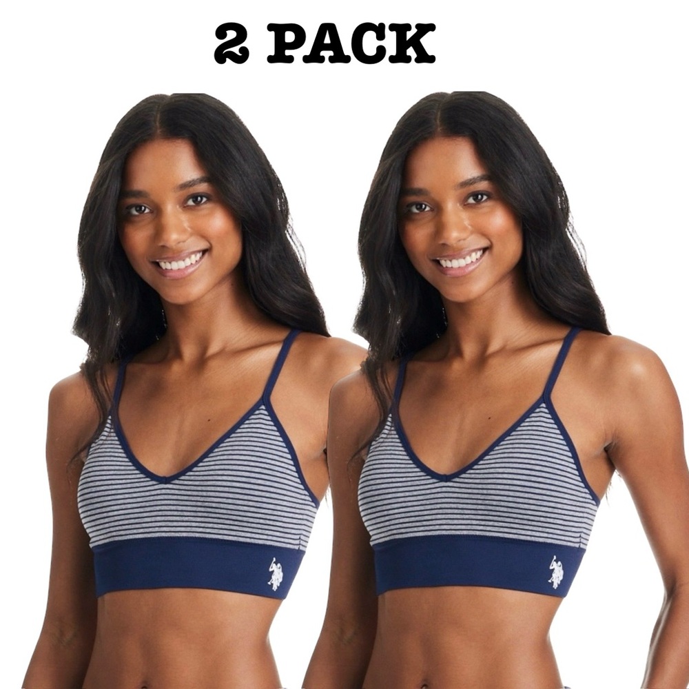 US Polo Assn Cami Bra Bralette Seamless 2-Pack Navy Blue Gray Stripe NWT